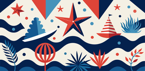 Obraz premium Stylized Nautical Landscape with Starfish and Sailboat