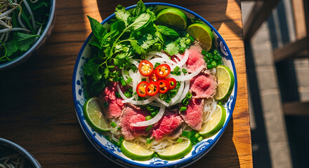 Delicious Vietnamese Pho Bo Noodle Soup with Fresh Herbs and Lime, Ready to Eat