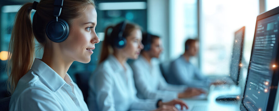 Office workers with headphones use computers. Customer service representatives assist clients at workplace. Call center employees work with modern tech, AI voice assistants. Team solves issues,
