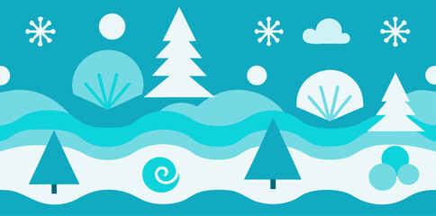 Winter Landscape with Snowflakes Trees and Waves pine tree