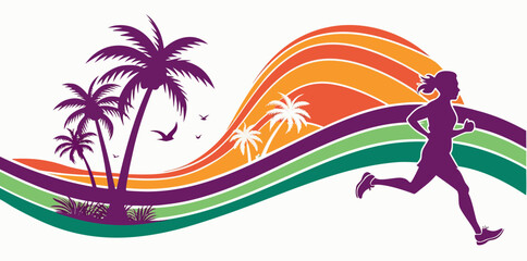 Woman Running Palm Trees Tropical Sunset Waves runner