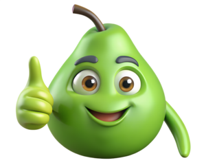 Happy green pear cartoon character giving a thumbs up isolated on transparent background fruit mascot
