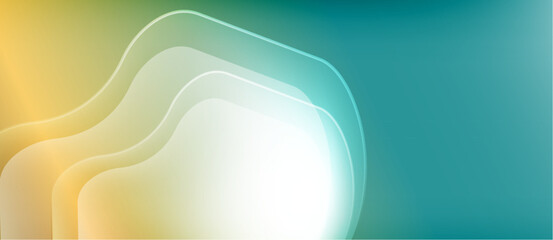 Abstract background features flowing layers. Colors transition from gold to teal. Soft gradients create luminous effect. Minimalist design.