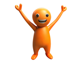 Cheerful orange cartoon character with arms raised isolated on transparent background, expressing joy and happiness
