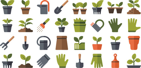 Gardening Tools and Plants Flat Icons Collection pots