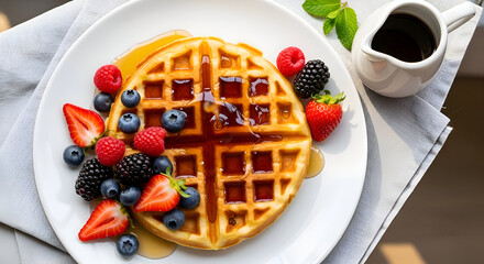 Delicious waffle with syrup and fresh berries on a white plate breakfast concept