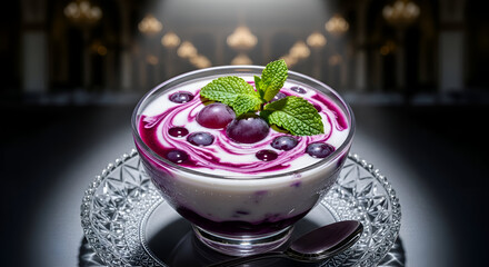 Elegant dessert with grapes and mint in a crystal bowl beautifully styled and photographed