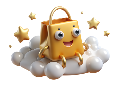 Cartoon shopping bag with a cute face sitting on a cloud isolated on transparent background, a whimsical illustration