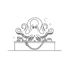 An octopus with jewelry and bubbles sitting behind a counter in a black and white line drawing style