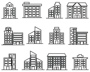 City Buildings and Bridge Icon Set &ndash; Black & White Line Art Vector for Real Estate and Urban Design