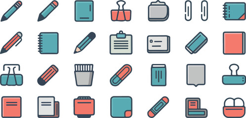 Stationery and Office Supplies Flat Icons Set pens