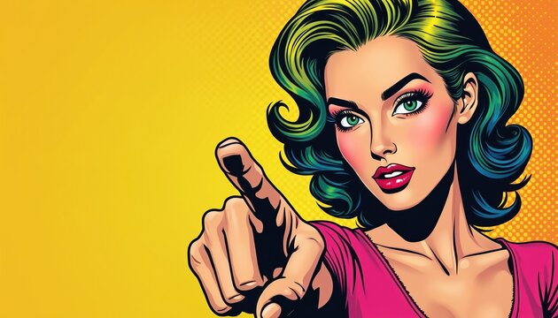 Colorful pop art style comic illustration shows woman pointing. It uses halftone pattern and strong colors. Concept for retro poster and modern graphic design project. For web banner.