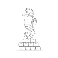 Fototapeta premium Illustration of a seahorse with stripes standing on a structure of stacked cubes outlined in black ink