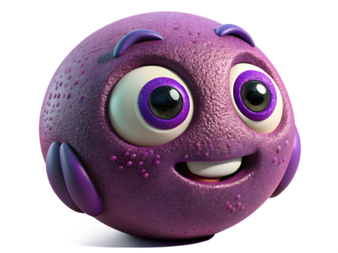Cute purple cartoon monster with big eyes isolated on transparent background, a playful and friendly character