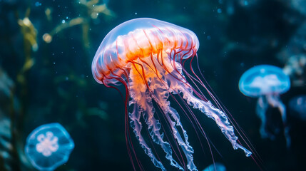 Colorful jellyfish floating in glowing underwater scene