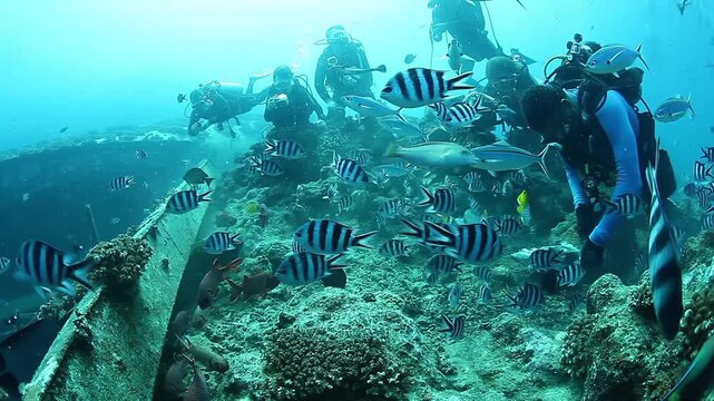 Explore the vibrant coral reefs of Fiji! Scuba divers encounter sharks during a feeding event amidst a school of fish. Experience the beauty of Fiji's marine life up close.