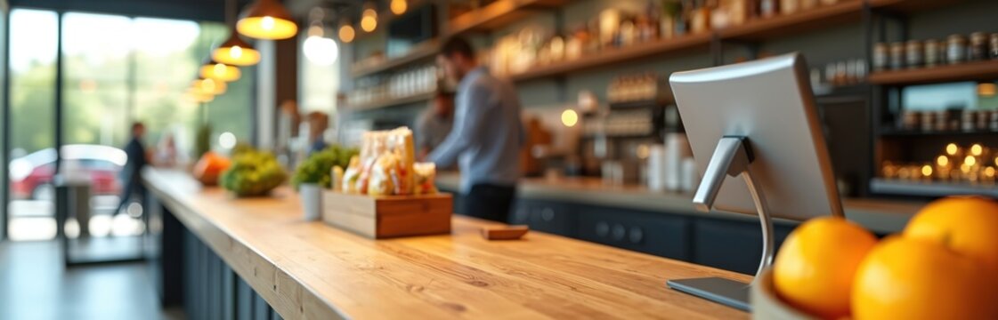 Modern restaurant counter shows POS system, fresh snacks. People work behind bar, serving drinks, food. Oranges sit in basket, ready for customers. Scene highlights cafe business operations, modern