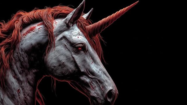 Dramatic portrait of a unicorn with a red mane and horn against black
