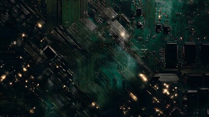 Fototapeta premium Overhead view of a complex green circuit board with illuminated pathways and components
