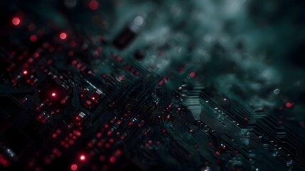 A detailed close up view of a complex electronic circuit board illuminated by glowing red lights suggesting data flow and advanced technology