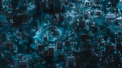 An abstract overhead view of a detailed electronic circuit board featuring intricate glowing blue green pathways and components