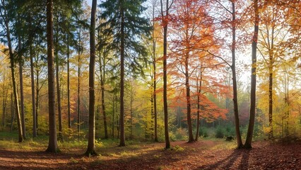 Naklejka premium Sunlight Through Tall Trees in Forest Changing Autumn Colors