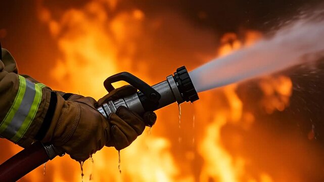 Firefighter in action suppressing flames with water