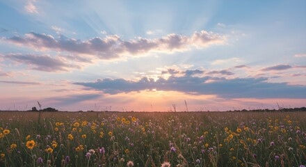 Golden Sunset Over Wildflower Meadow and Horizon