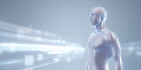 Android examines glowing data streams, Android in profile viewing glowing data stream and analysis interface