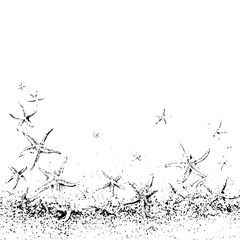 Fototapeta premium Starfish scattered on the sand with some floating above in a monochromatic black and white illustration