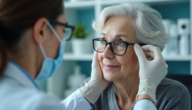 Mature woman gets eye exam from optometrist. Female patient wearing glasses, doctor in medical gloves checks vision. Senior woman sits in clinic, gets medical help. Healthcare pro examines eyes,