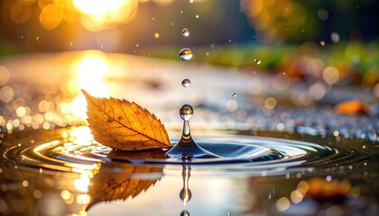 Autumn leaf floats on water surface reflecting golden sunlight during a peaceful evening as raindrops create ripples on the wet ground creating a serene natural scene