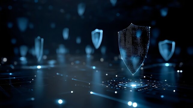 Abstract digital security concept with glowing shields and circuit patterns representing data protection.