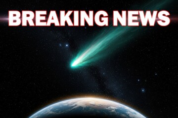 Green-tailed comet rises over Earth with a large “Breaking News” title, dramatic lighting, and room for captions. Useful for social posts, web headers, live stream panels, and science or space-related