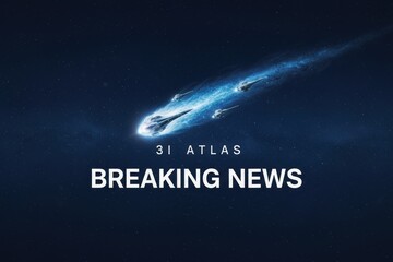 Minimal deep-space banner with stylized comet and centered “3I ATLAS Breaking News” text, clean gradients and ample negative space. Great for sober news updates, blog headers, live ticker graphics, an