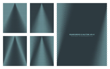 Assorted vector square bricks dark cyan halftone pattern set in vertical 4:5 aspect ratio including angled frame and various pyramid shaped textures. Varied mod half tone texture design element bundle