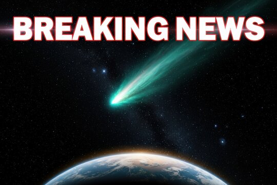 Green-tailed comet rises over Earth with a large “Breaking News” title, dramatic lighting, and room for captions. Useful for social posts, web headers, live stream panels, and science or space-related