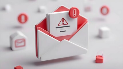 A 3D illustration of an alert message inside an envelope, featuring a warning sign in red tones, capturing attention visually.