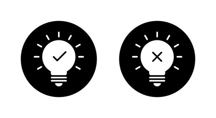 Light bulb decision icon in black circle. Idea approval and rejection symbol