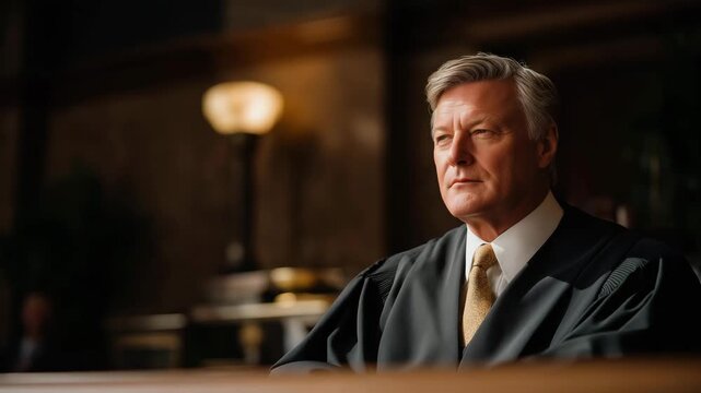 Courtroom scene with judge declaring prohibition on specific activity, emotion of solemn authority visible, symbolizing judicial decision-making, legal restrictions, and civic rule enforcement.