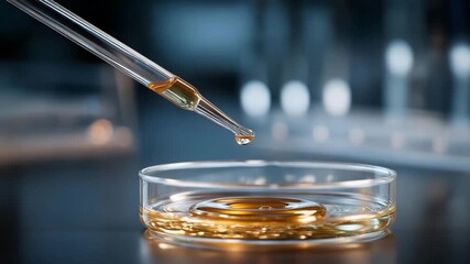 Glass pipette with transparent liquid releasing droplet into petri dish surrounded by laboratory tools, emotion of dedication and precision visible, symbolizing clean science workflow, experimental