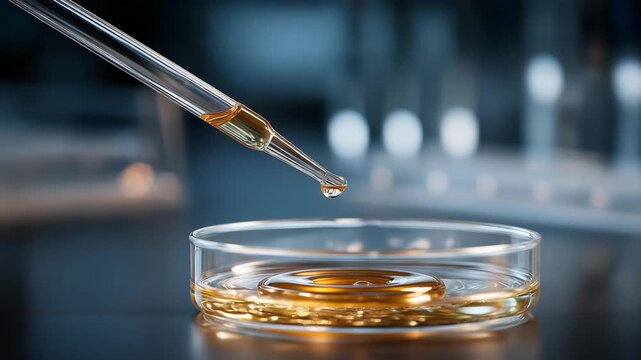 Glass pipette with transparent liquid releasing droplet into petri dish surrounded by laboratory tools, emotion of dedication and precision visible, symbolizing clean science workflow, experimental
