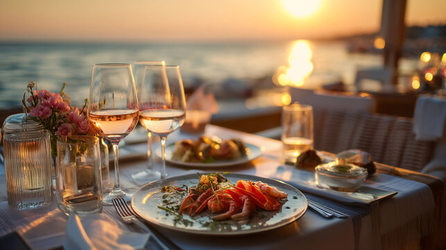 Romantic dinner setup with wine glasses and seafood dishes at sunset by the ocean