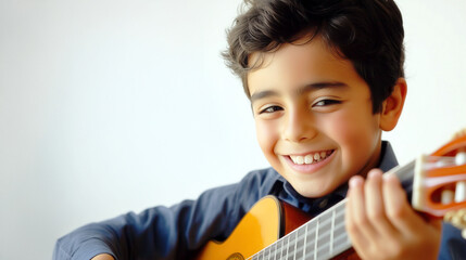 Happy and smiling Hispanic boy playing guitar, isolated on plain white background with copy space for text.