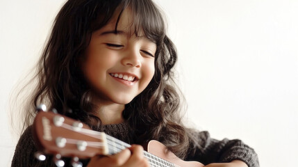 Happy and smiling Arab girl playing ukulele, isolated on plain white background with copy space for text.