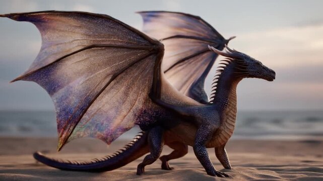 Majestic dragon standing on sandy beach at sunset with wings outspread