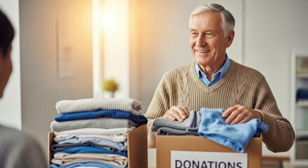 Community donation center volunteer organizing clothes with a smile