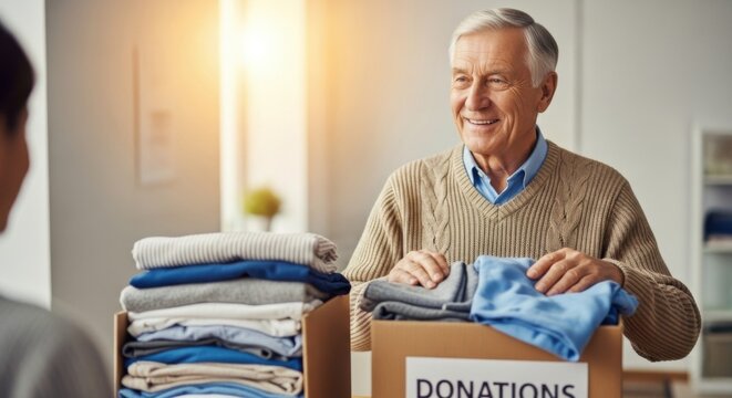 Community donation center volunteer organizing clothes with a smile - Powered by Adobe