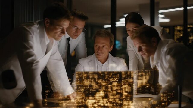 Team of professionals using interactive holograms of quantum circuits in high-tech office, symbolizing innovation, advanced research, and powerful computing beyond classical systems. cinematic