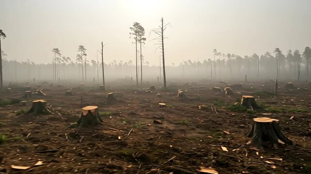 Forest landscape with tree stumps after deforestation fog environment